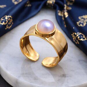 Celestial Statement Ring 18K Gold Plated Adjustable with Faux Pearl Glow